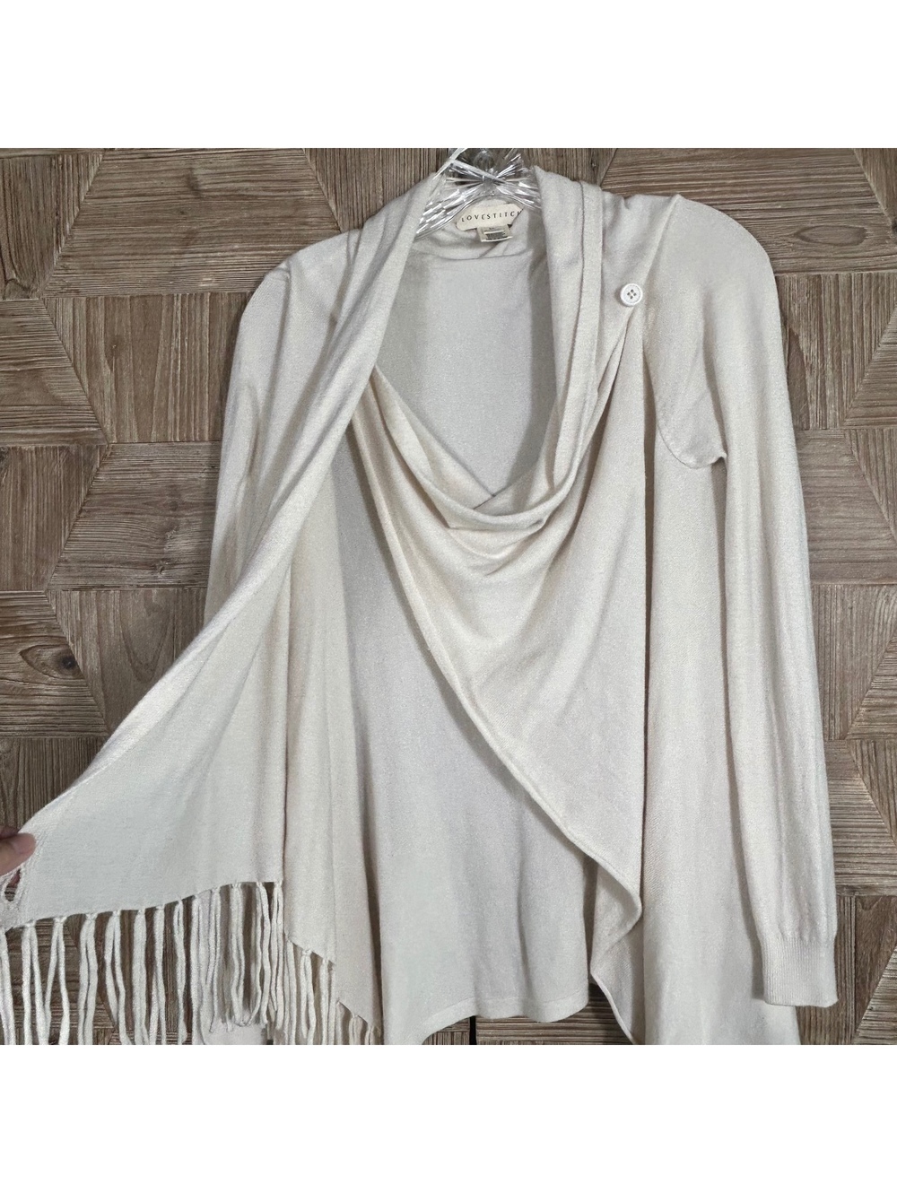 Lovestitch Off White Fringe Asymmetrical Draped Cowl Neck Wrap Cardigan Sweater - Picture 5 of 8